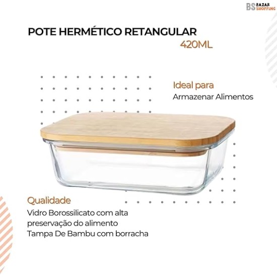 Pote Hermético com Tampa de Bambu Retangular 420ml - Lehaví