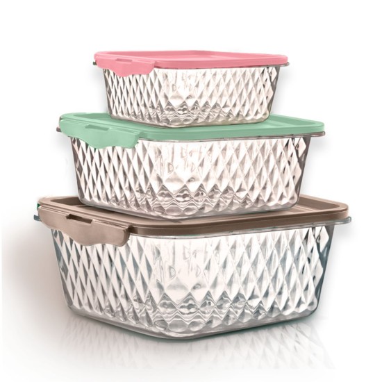 Kit 3 Potes Quadrados De Plástico Com Trava E Cores Sortidas