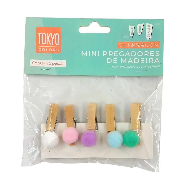 Mini Prendedor Pompom 5 Peças em Madeira – Tokyo Design